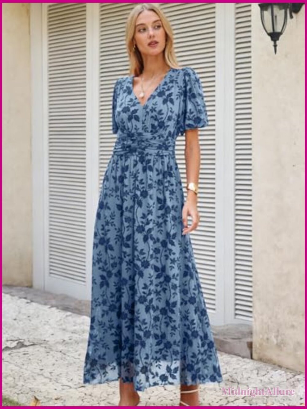 Women Floral Maxi Formal Dress Mesh Short Sleeve V Neck Empire Waist - Picture 3 of 7